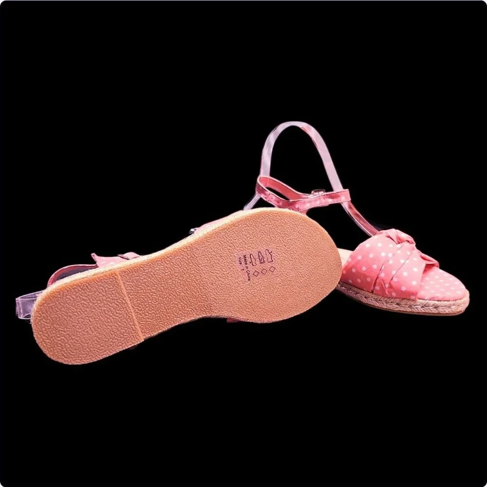 Polka Dot Blush Espadrille Sandals With Bow & Adjustable Ankle Strap - Casual Su - Picture 5 of 7